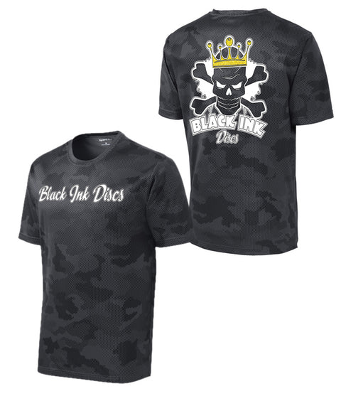 Camo Hex Cursive Front/Skull back with golden crown (Mens Performance Tee shirt) (Black)