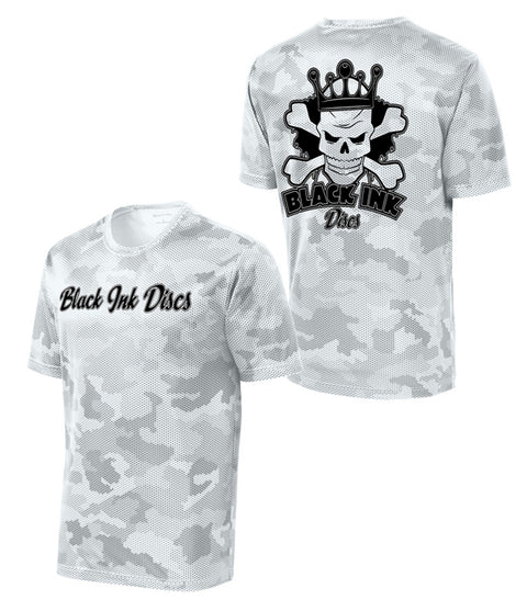 Camo Hex Cursive Front/Skull back (Mens Performance Tee shirt) (White)