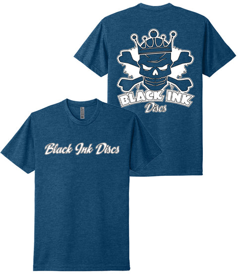 Cursive Front/Skull back (Mens Next Level Tee shirt) Blue heatherd