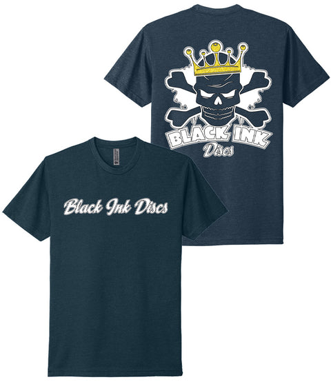 Cursive Front/Skull back with gold crown (Mens Next Level Tee shirt) Navy heatherd